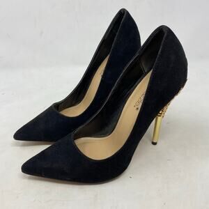 ShoeDazzle Esperanza Black Suede Heels with Gold Stiletto Detail Size 7